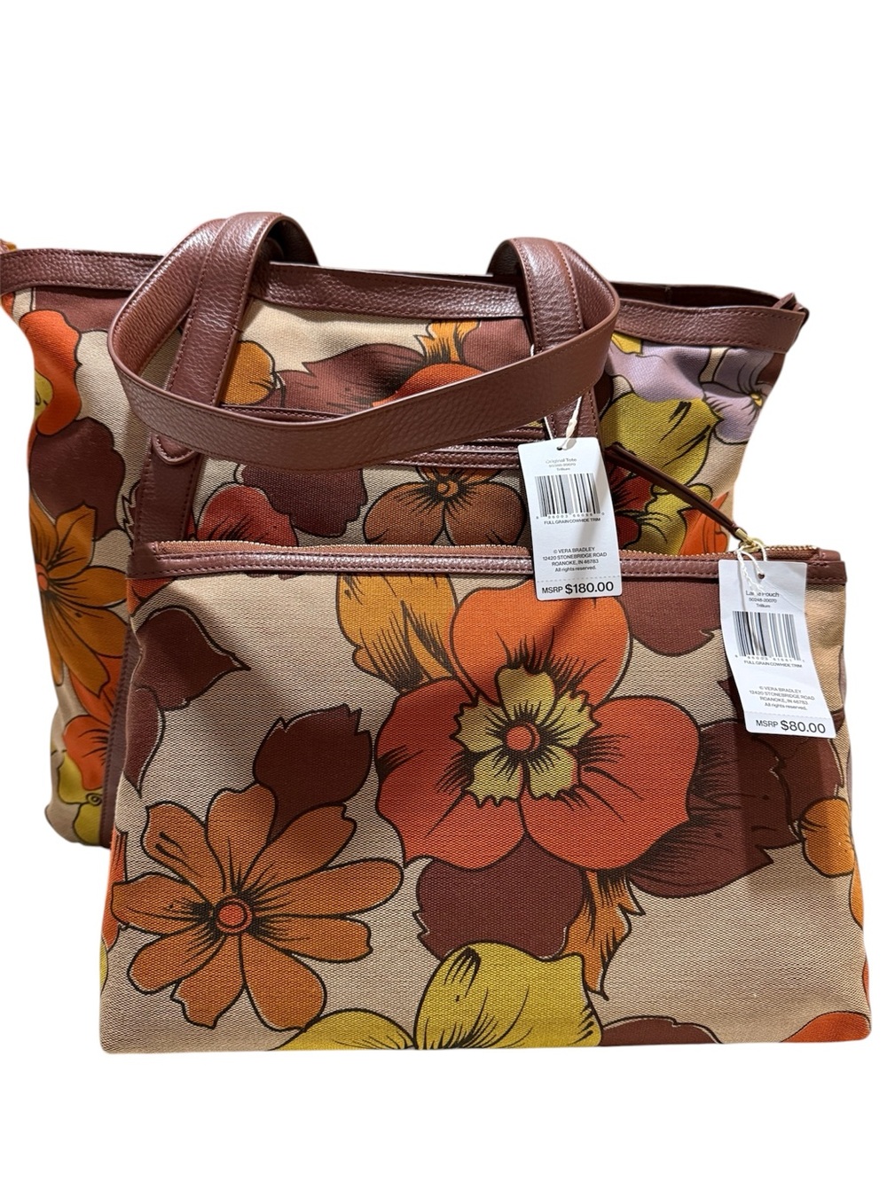 Vera Bradley Floral Canvas Tote in Cream with Orange, Yellow & Purple Flowers